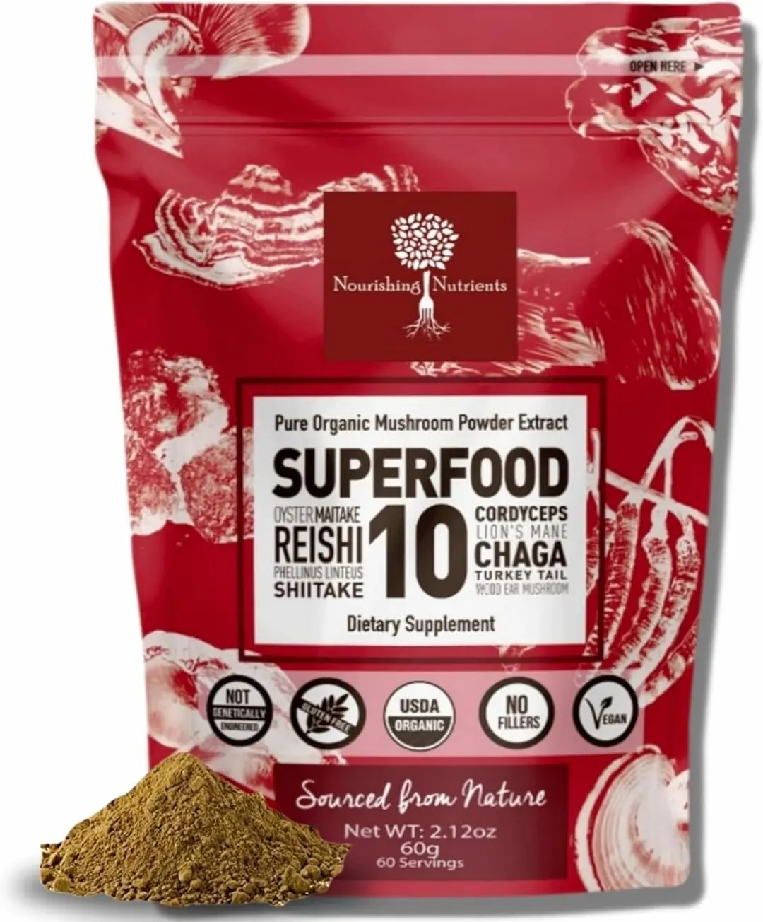 Organic Mushroom Powder Extract -Superfood 10 Supplement 14x Stronger 100% Pure USDA Immunity Booster- Reishi, Chaga, Cordyceps, Shiitake, Lions Mane, Turkey Tail and More. Add to Coffee/Tea 60 Grams
