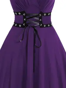 Gothic Vintage Victorian Vampire Retro Solid Grommet Lace Up High Waisted Mini Dress