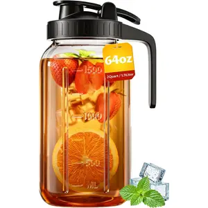 64 oz Mason Jar Pitcher – Airtight & Leakproof Glass Pitcher with Lid, Perfect for Iced Tae, Sun Tea, Cold Brew, Breastmilk, 2 Quart (1/2 Gallon) Mason Jar with Pour Spout Lid Flip-Cap & Handle