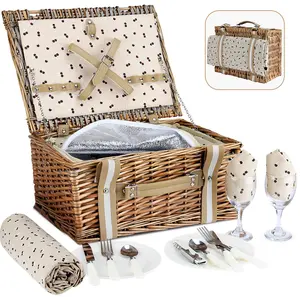 Willow Picnic Basket Set for 2 Persons with Large Insulated Cooler Bag and Waterproof Picnic Blanket,Wicker Picnic Hamper for Camping,Outdoor,Valentine Day,Thanks Giving,Birthday.
