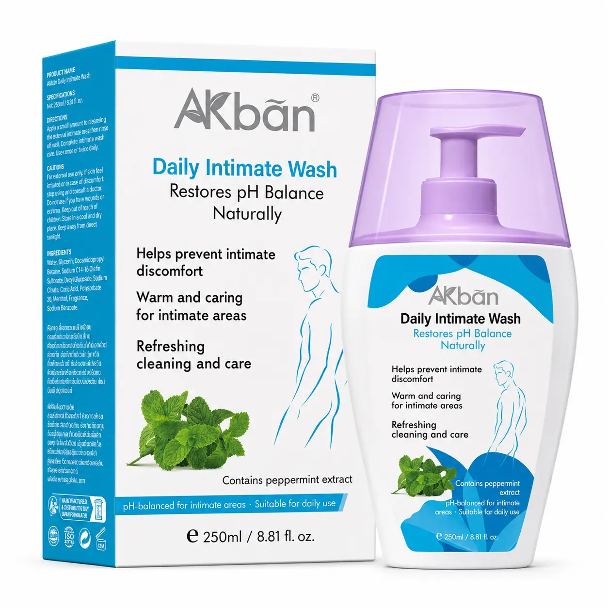 AKBAN Men’s Intimate Wash Liquid - pH-Balancing Fresh Mint Cleanser for Gentle Daily Cleansing, Men’s Bodycare, Balances Ph