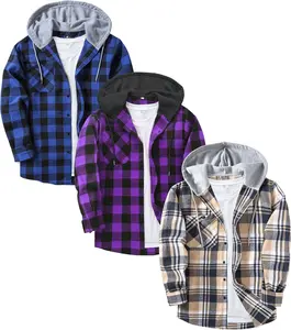 Men's 3 Pack Vintage Flannel Hoodie Shirt Jacket - Long Sleeve Button Down Plaid Casual Shirts with Pocket