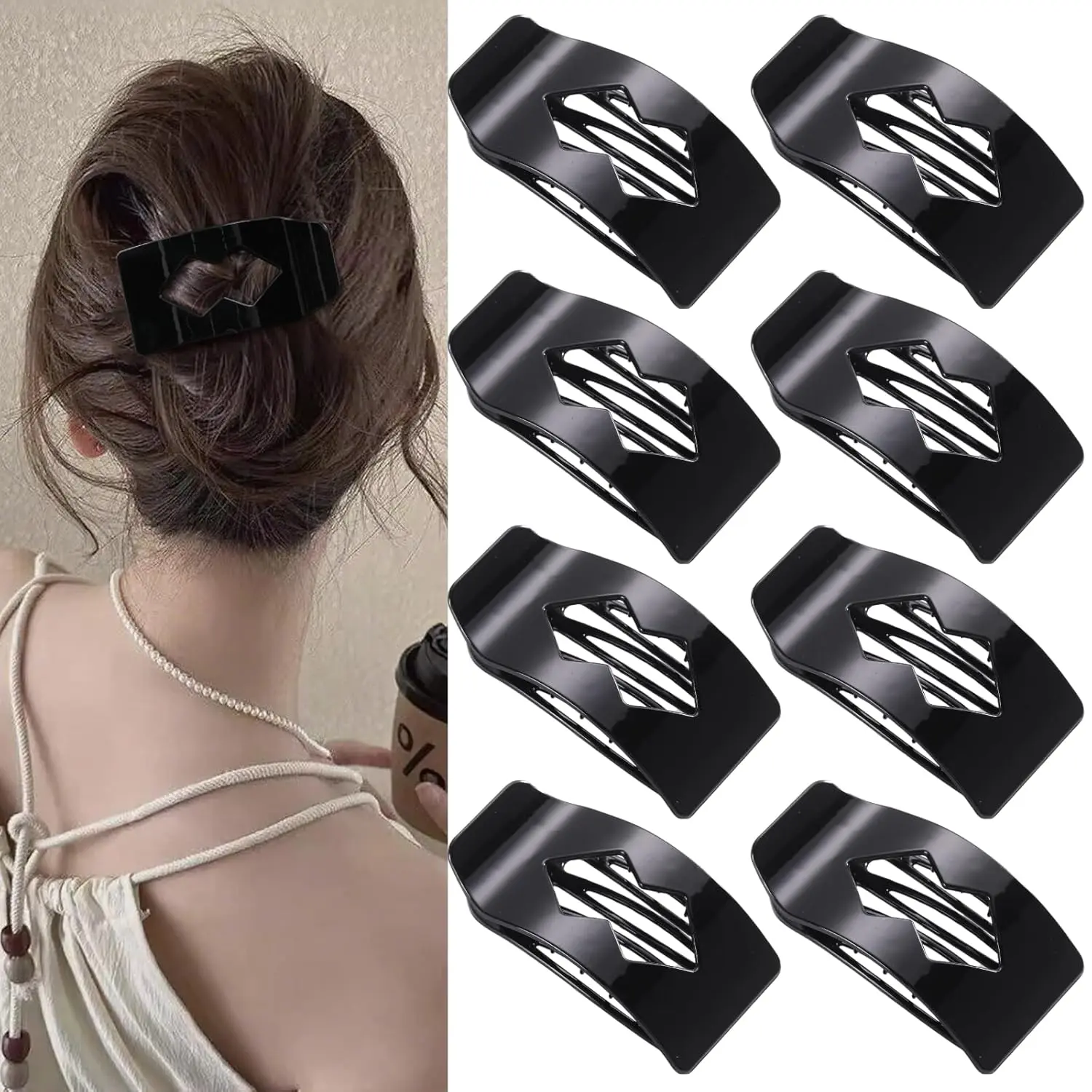 8 Pack Black Flat Hair Clips for Women - Large Glossy Rectangle No-Slip Claw Clips for Thick & Thin Hair,  Hold Square Hair Accessories for Work & Daily Styling