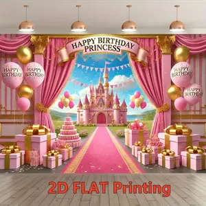 1pc 2D Flat Banner, Pink Princess Castle Birthday Party Backdrop - Polyester Photography Tapestry with Golden Accents, Balloons, and Gifts for Indoor/Outdoor Celebrations, Studio Props, Holiday Par Wedding White