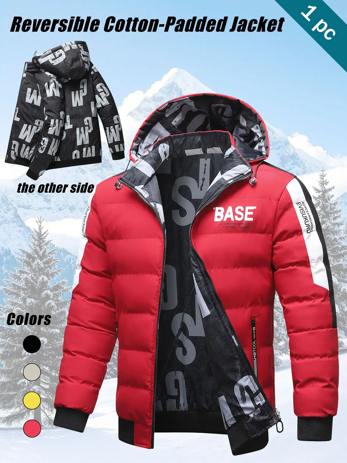 Men's Reversible Hooded Cotton Fitted Jacket, Thickened Warm Coat with Detachable Hat, Trendy Print, Multiple Colors Available, Outerwear