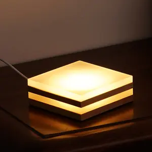 Square Wooden Table Lamp 3 Colors 9 Brightness Levels USB Rechargeable Dimmable LED Desk Light with Warm White Cool White Natural Light for Bedroom Study Living Room Art Decoration Reading Lamp