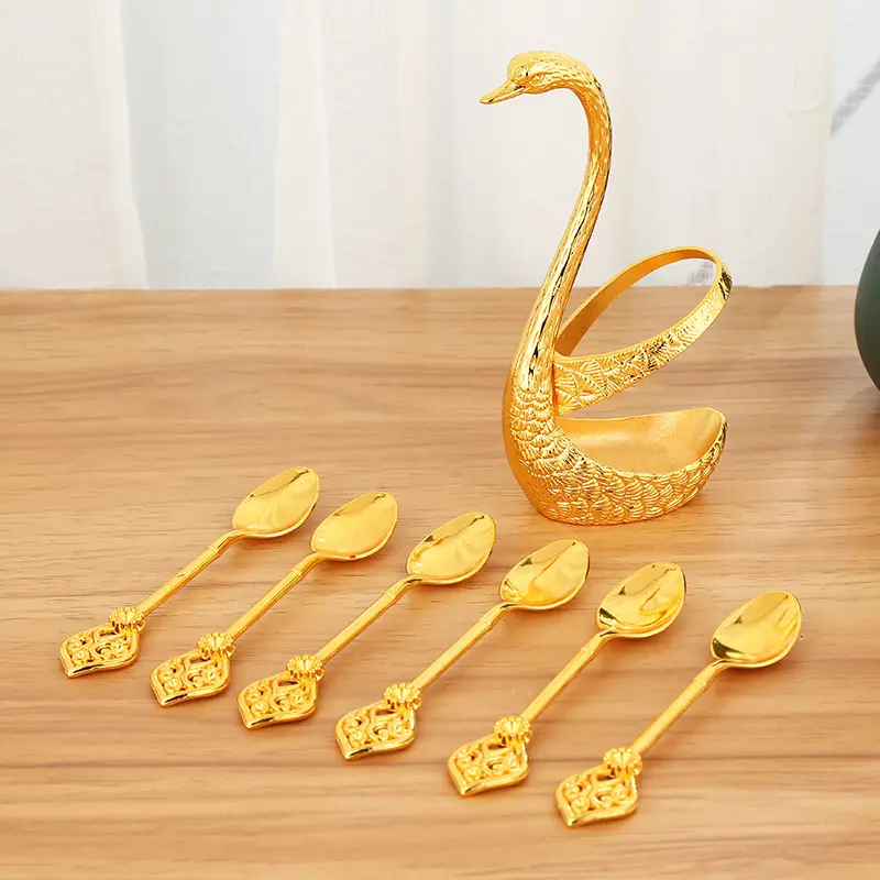 Glam Swan-Shaped Dessert Coffee Spoons Set with Metal Holder Stand, Gold-Silver Mini Kitchen Cutlery for Wedding Table Decor, Utility Wedding Gift