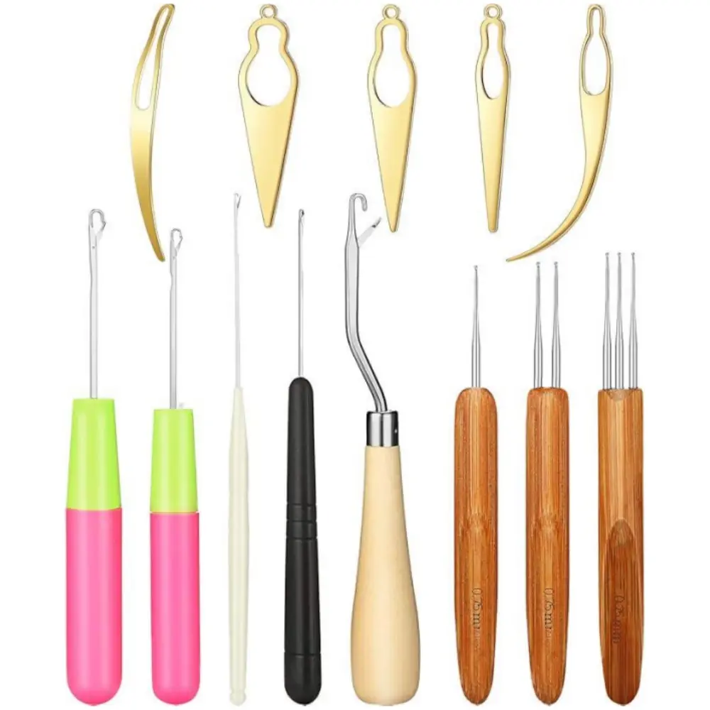 13 Pack Stainless Metal Dreadlocks Crochet Hook Hair Tool Set - 3 Sizes 0.75mm Crochet Needles, 5 Interlocking Tools, 5 Bent Latch Hooks, Heatless Kit for Locs Maintenance & Hairstyle Designing