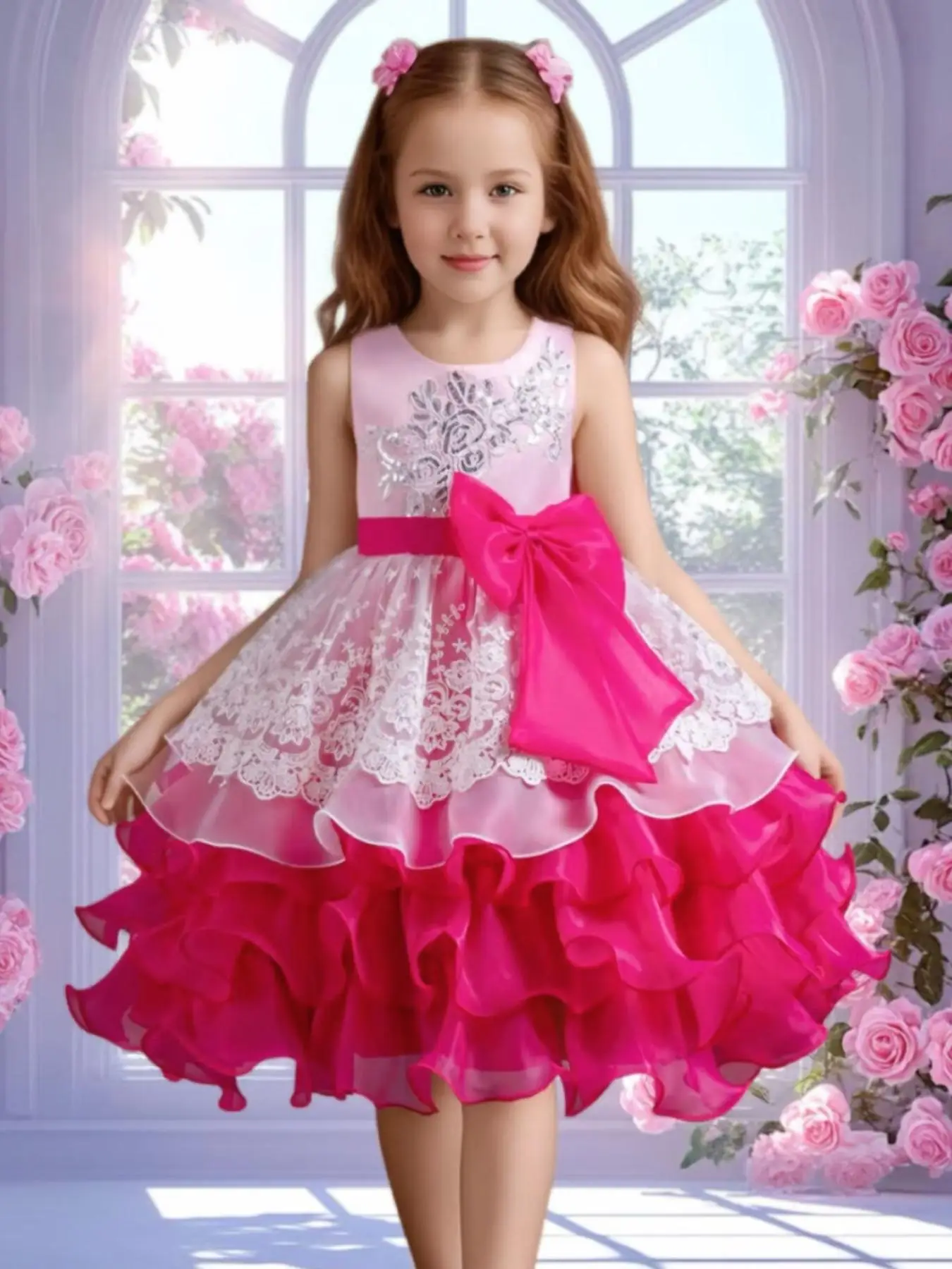 Girl's Contrast Mesh Big Bow Decor Tiered Layer Fit and Flare Party Dress, Elegant Sleeveless Round Neck Contrast Sequin Partywear for Formal Occasion