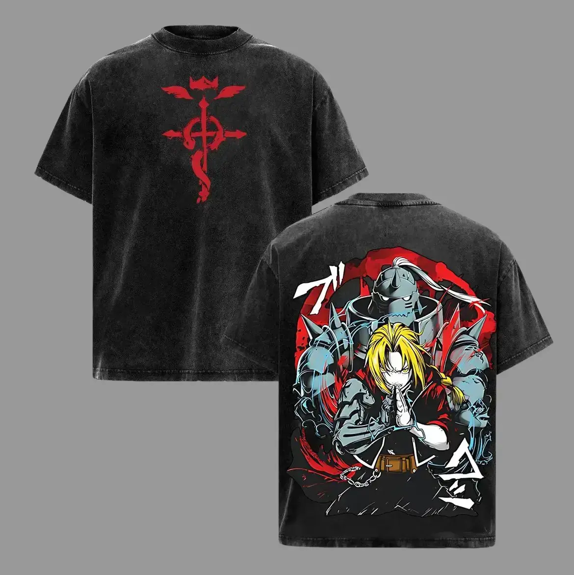 Edward & Alphonse Fullmetal Alchemist Vintage Washed Oversized T-Shirt, Double Printed Heavy Cotton Anime Tee, Manga Streetwear Graphic Top for Otaku Fans
