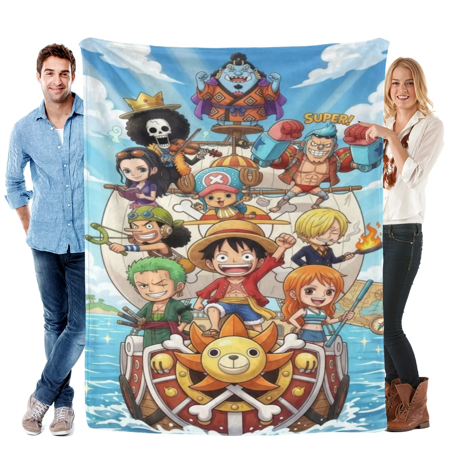 TOEI ANIMATION 1 Piece Chibi Straw Hat Crew Sunny Flannel Throw Blanket - Soft Anime Merch, Cute Cartoon Home Decor for Bed/Couch, Pirate Fans Gift