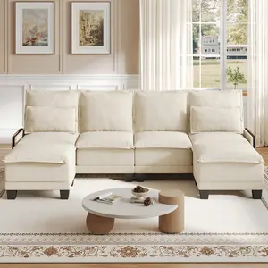 Copiae 122" Waterproof Chenille U-shaped Sectional Sofa, 4-seat Modular Upholstered Couch With Collapsible Table, Moveable Ottomans And Easy Assembly