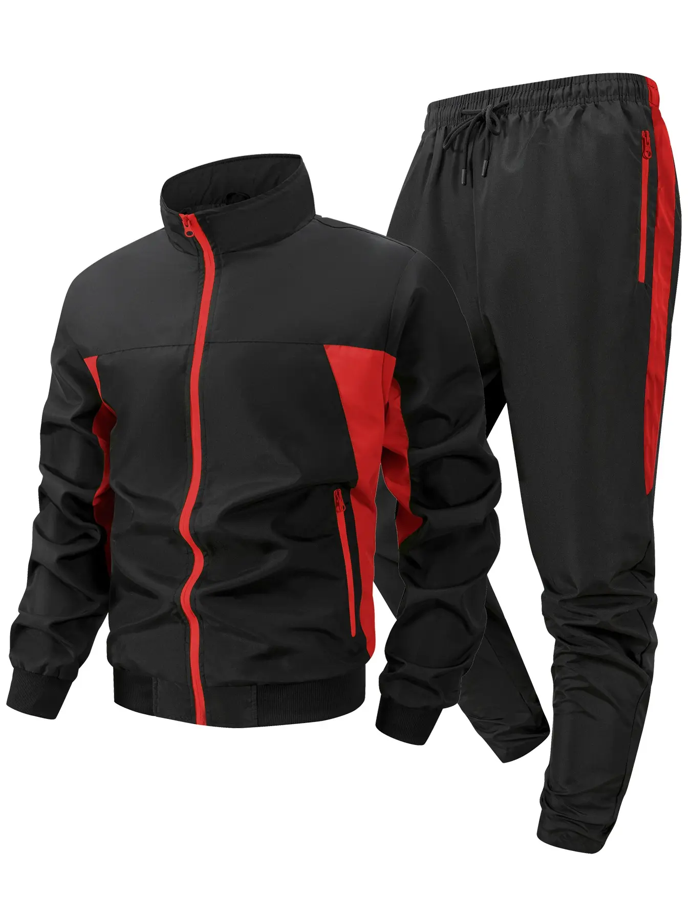Men's Colorblock Patchwork Sports Training Tracksuit Set, Activewear Workout Set, Sports Activewear Set, Spring & Fall Quick-Dry Breathable Athletic Set, Windproof Stand Collar Jacket + Drawstring Elastic Waist Pants with Zipper Pockets