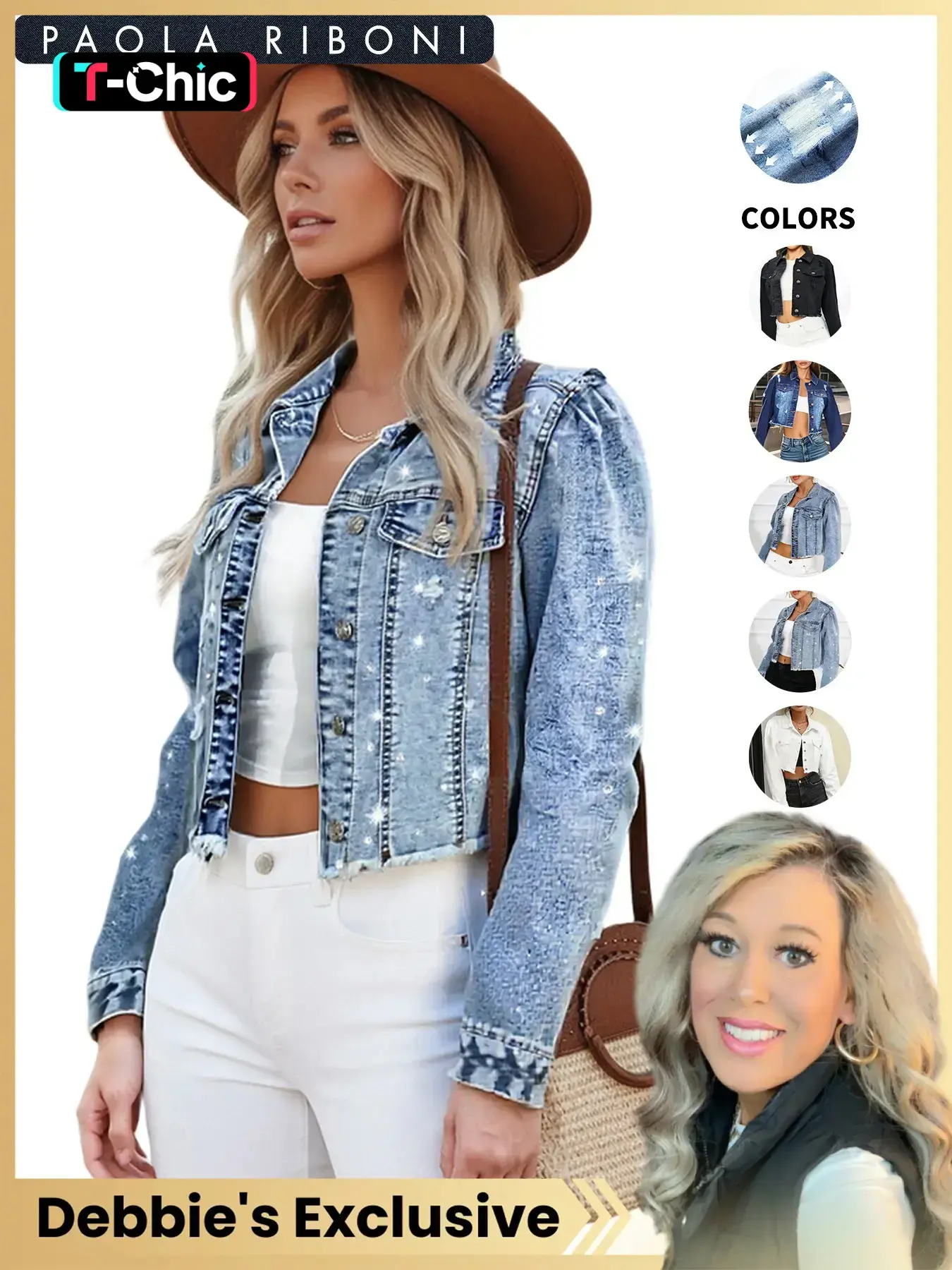 【Debbie's Exclusive】Women's High Elasticity Raw Hem Long Sleeve Button Down Collared Cropped Denim Jean Jacket Coats, Casual Plain Ripped Style for All Seasons, Long Sleeve Women's Outerwear, Tops