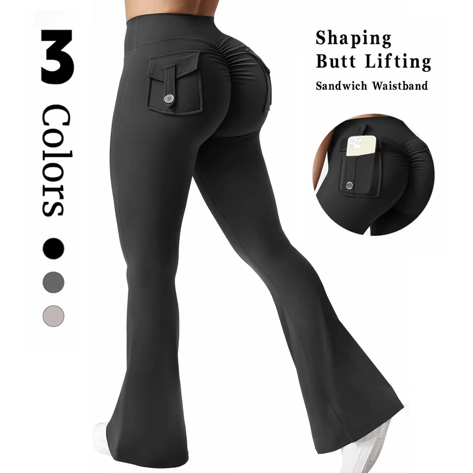 Women's High Waisted Flare Leggings - Hidden Scrunch, No Front Seam, Cargo Pockets - 82% Nylon 18% Spandex for Gym Yoga Fitness Camouflage Sports Bottoms