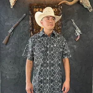 De Rancho Aztec Print Short Sleeve Button Down Shirt (Black/Gray) BKGRAZ