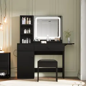 Black Makeup Vanity with Lighted Mirror & Charging Outlet, Vanity Set with Drawer, Storage Chair, and 3 Shelves for Bedroom