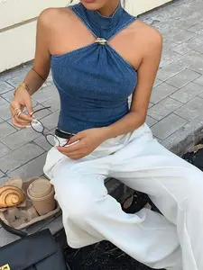 Twisted Halter Neck Sleeveless Vest French-Style Elegant Denim Top for Women Party & Music Festival Slim Fit Short Plain Cutout Design Dark Wash Casual Top - Womenswear