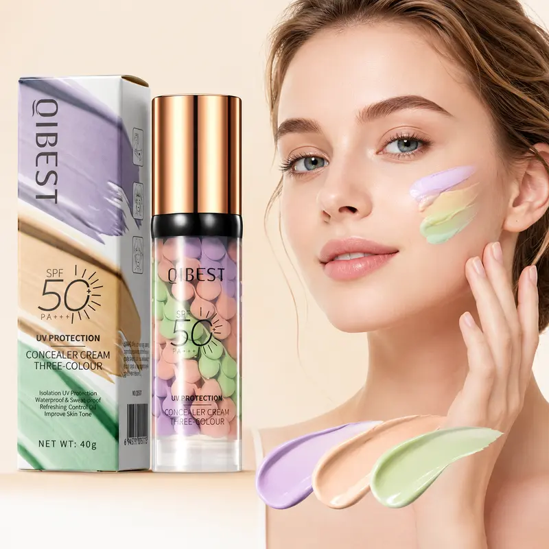 Qibest 3-In-1 Color Correcting Cosmetic Primer - SPF 50 Sun Shield, Cream Texture, Hydrate, Radiant, Matte, Protected, Oil Control, Long-Lasting Flawless Base for All Skin Types, Even Skin Tone/Texture, Makeup Prep