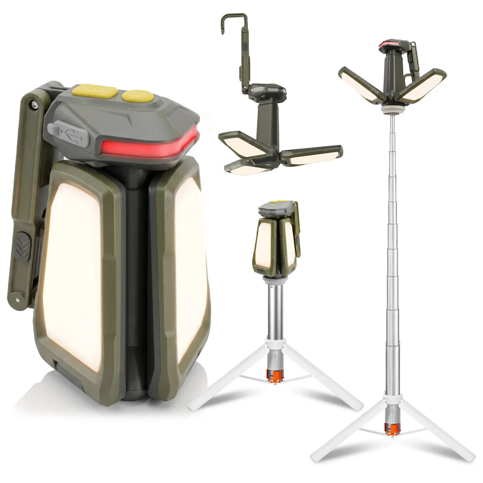 LORPX Rechargeable Camping Light with Telescopic Tripod Stand 4.5ft Height, Cordless Work Light 3 LED Lamp Heads, 2000 Lumens Dimmable, Magnetic Base IPX4 Waterproof for Camping,Garage Emergency Outdoor.