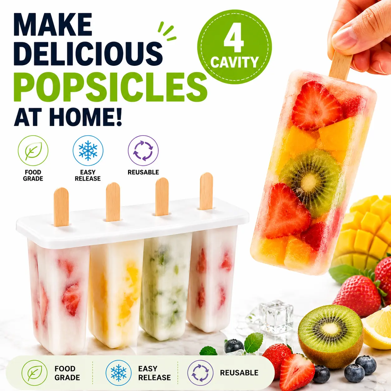 4-Cavity Popsicle Mold with 50 Wooden Sticks, Reusable Ice Pop Maker, Homemade Frozen Treat Mold for Yogurt, Juice & Fruit