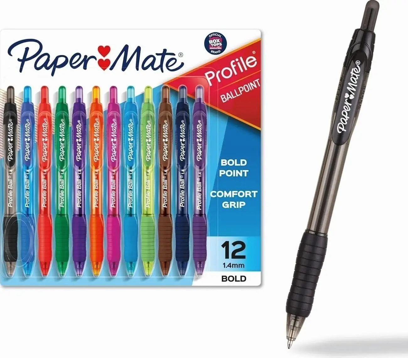 Paper Mate Profile Retractable Ballpoint Pens, Bold Point (1.4mm), Assorted Colors, 12 Count - Back to School, Office, Teacher Supplies
