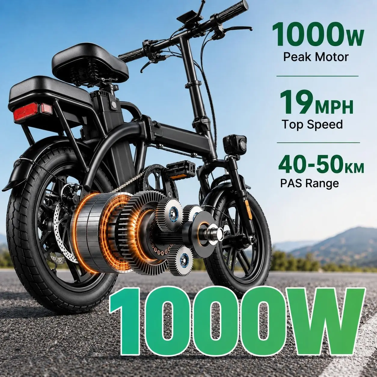Folding Electric Bike for Adults, 1000W Peak Motor, 25–35 Mile Range, Dual Disc Brakes, Pneumatic Tires, LED Display, 2-Person Foldable E-Bike for Commuting, Camping & Outdoor