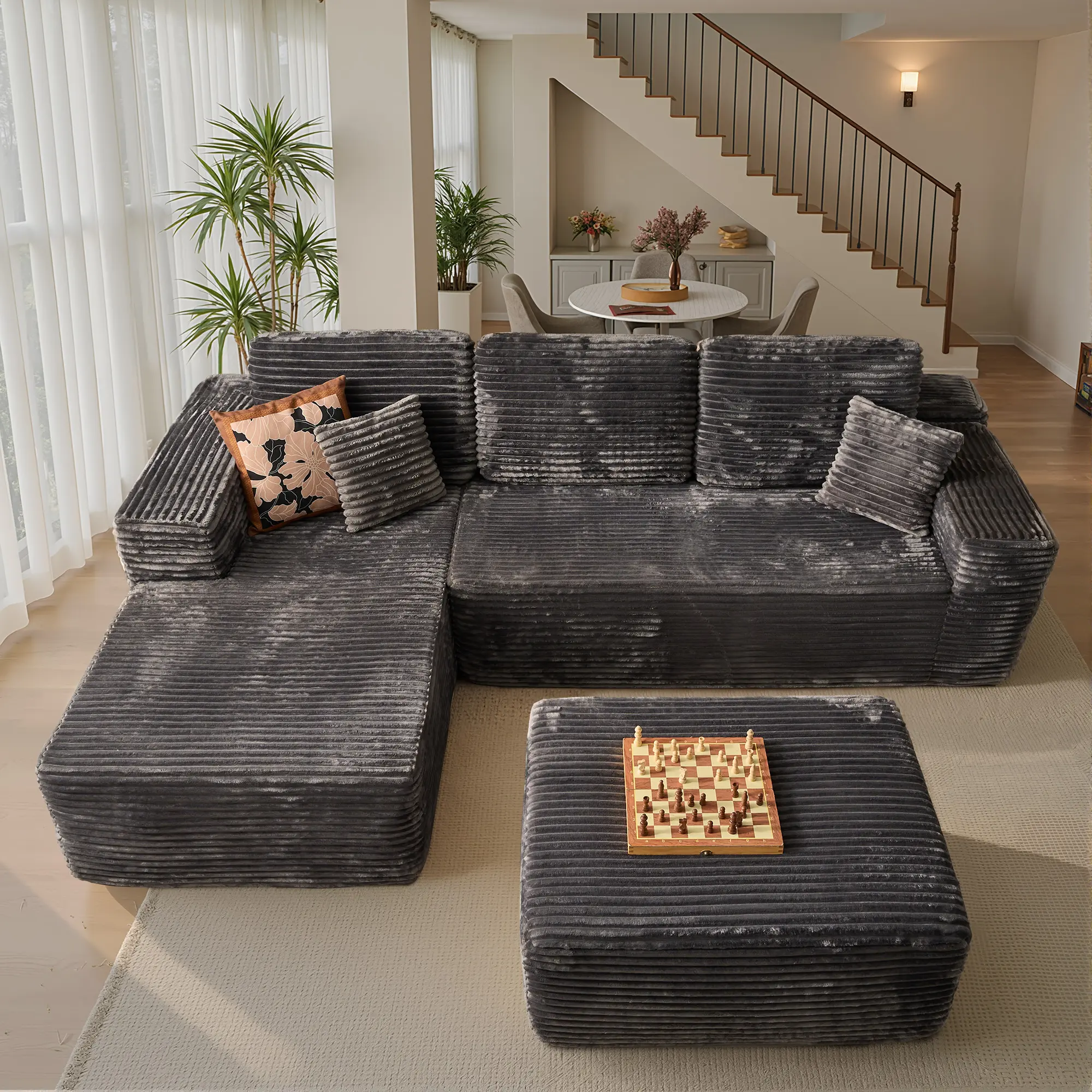 Grey Plush Corduroy Left Chaise