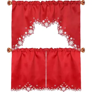 Embroidered Snowflakes Kitchen Window Curtain Swag and Tiers Set for Christmas and Winter (Red)