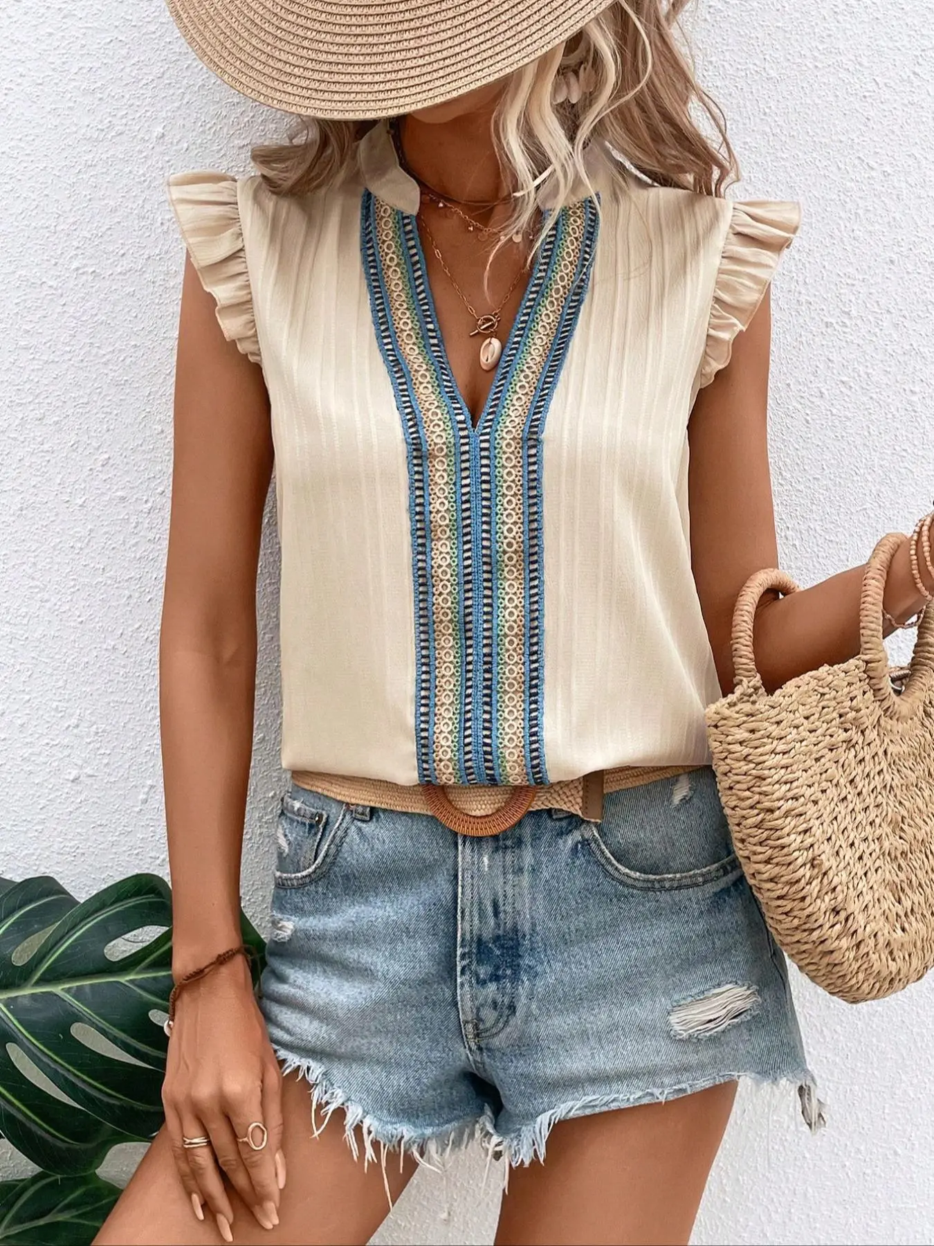Women's Embroidered Ruffled Decorative Feminine Aesthetic Bohemian Boho Chic Blouse Shirts, Casual Embroidery Top for Summer, Women's Clothing for Daily Wear