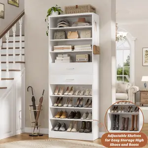26'' W 10-Tier Shoe Rack with 2 Drawers, Wooden Freestanding Shoe Storage Organizer Cabinet with Adjustable Storage Shelves, Sturdy Open Display Shelf