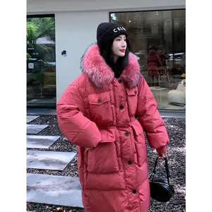 Women's simulated large collar White duck down jacket, mid-length, knee-length, winter 2025 new style, single-breasted, fitted waist, thickened, White duck down jacket, loose fit, large size, White duck down jacket