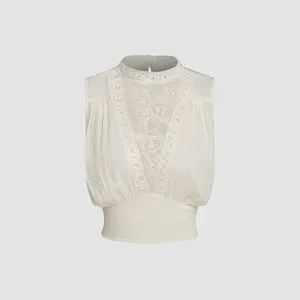 Cider Stand Collar Lace Embroidery Crop Tank Top