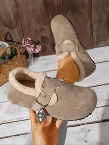 Women's Winter Fleece Lined Slippers, Textile Upper, Rubber Sole, Soft Comfortable One-Step Lazy Shoes, Fall & Winter Footwear