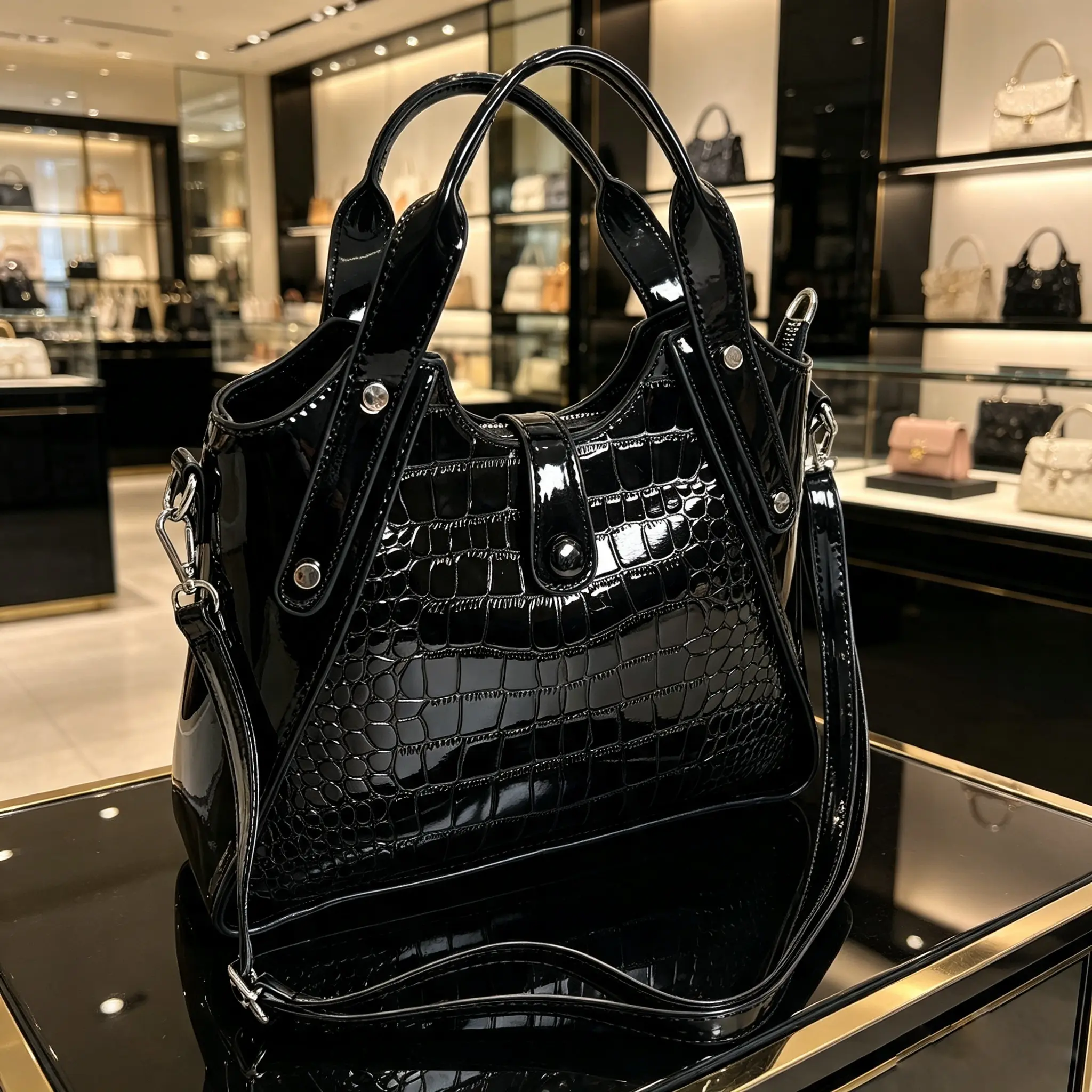 Women's Classic Black Elegant Rectangular Handbag - Large Capacity Light Luxury Mini Tote, Plain Casual Multi-Pocket Zip Purse for Daily Commute & Shopping, High-Appearance Gift for Friends