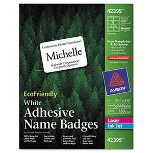 Avery 42395 Eco-Friendly Name Badge Labels, 2 1/3 x 3 3/8 in White, 160 per Box, Easy to Use, with Free Templates & Software for Environmentally Conscious Individuals
