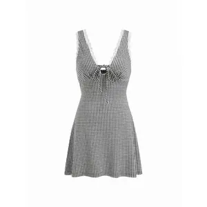 Cider Gingham V-neck Lace Panel Slim A-line Mini Dress SwimWeek