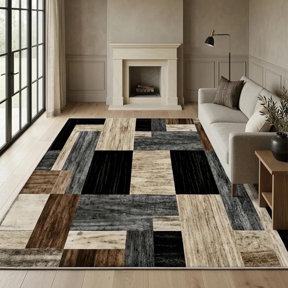 RUGIXE Black Brown Geometric Washable Area Rug 8x10 5x8 4x6 for Living Room, Modern Abstract Patchwork Soft Low Pile Area Rug with Non Slip TPR Backing, Foldable Machine Washable Indoor Rug for Bedroom Dining Room