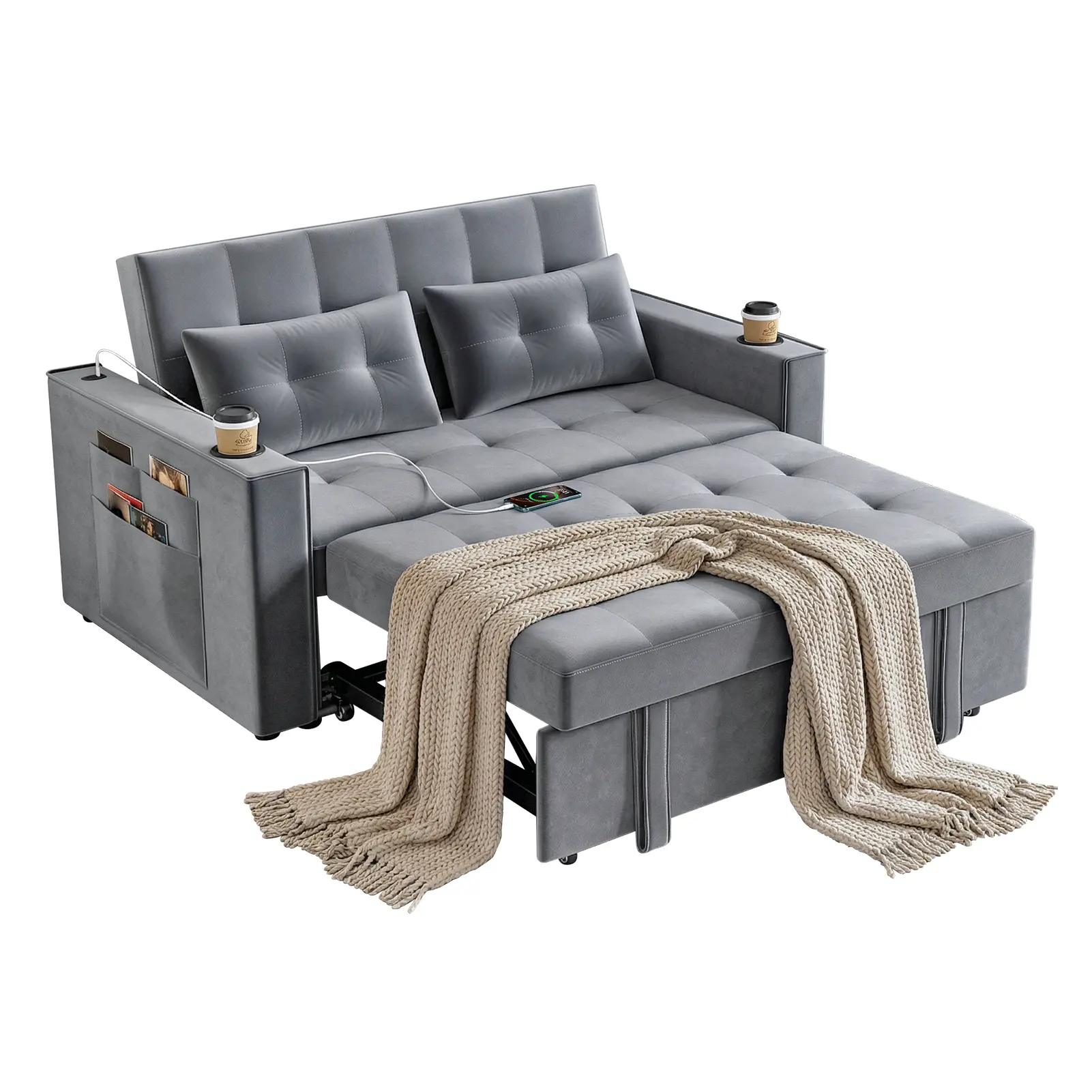 Explorinox 3-in-1 Convertible Velvet Loveseat Sleeper Sofa Bed - Adjustable Backrest, Cup Holders, Side Pockets, USB Ports, 2 Pillows (Grey) - Convertible Sofa Chair, Indoor Couch, Modern Lounge Furniture for Living Room, Loveseat Sofa Couch