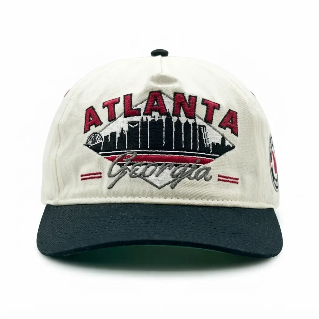 Atlanta Georgia Embroidered Cream-Black 2-Tone Curved Bill Baseball Cap, Vintage City Skyline State Map Graphic, Retro Sports-Style Souvenir Hat for Men Women Gift