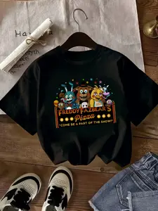 New Summer Short-Sleeved Round-Neck T-Shirts, Graphic Fashion Tee For Boys And Girls, Fnaf Freddy Fazbear's Pizza Character-Printed Tops, Casual Children's Clothing Suitable For Daily Use And Outdoor Activities, With Versatile Styles