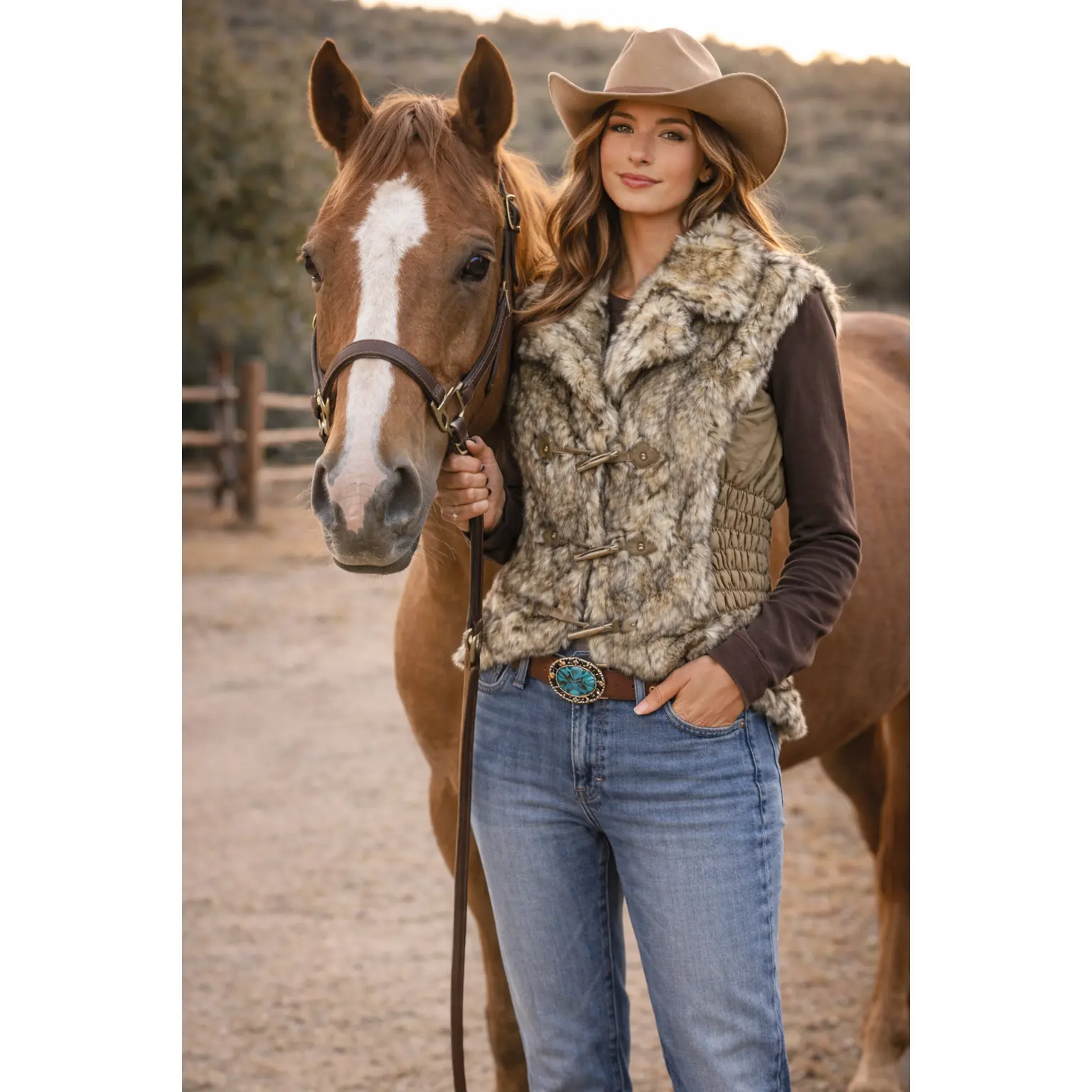 Faux Fur Vest with Gathered Nylon Sides, Hidden Zipper Pockets and Toggle Closure 23F575