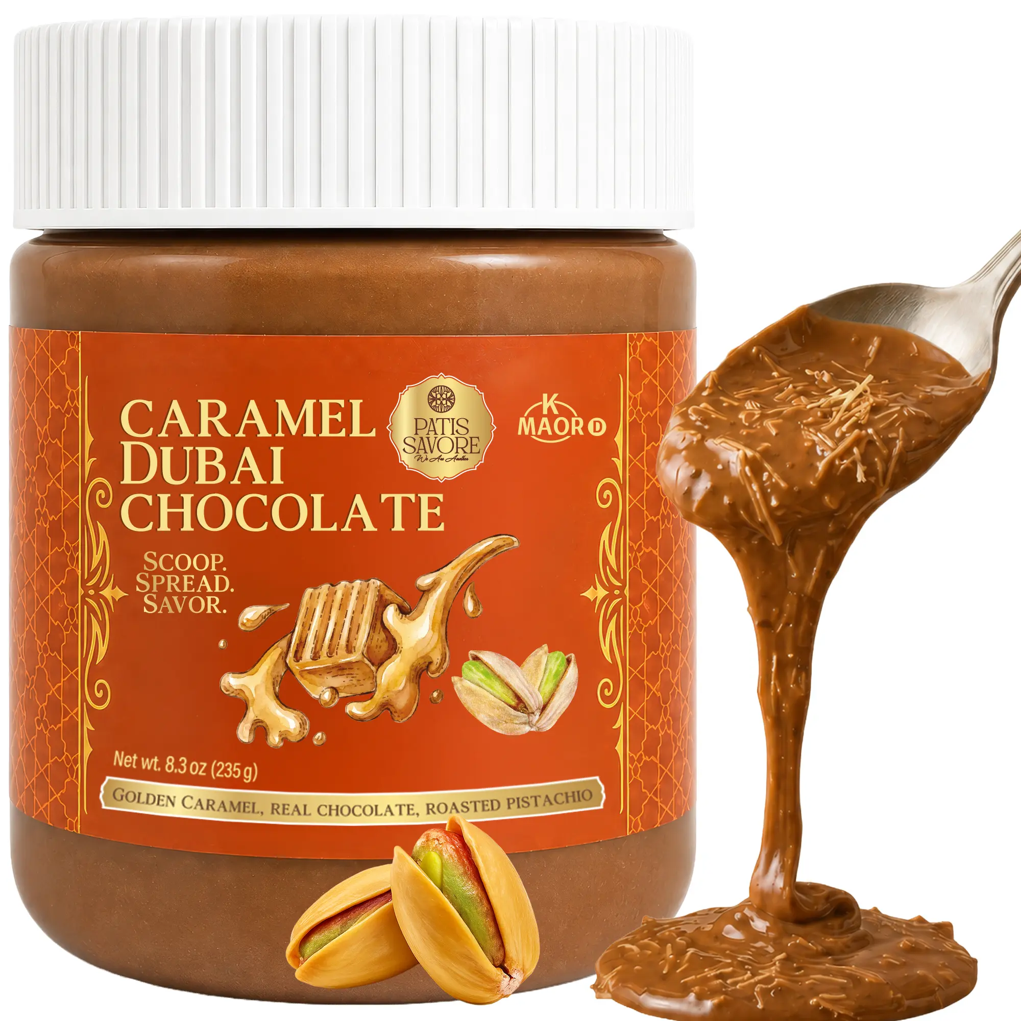 Patis Savore | Dubai Milk Chocolate Spread Jar with Golden Caramel & Crunchy Kataifi – 8.3oz Viral TikTok Chocolate Jar – Pistachio Caramel Gourmet Dessert Gift