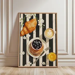 French Cafe Wall Art, Stylish Breakfast Poster, Minimalist Food Illustration, Black & White Kitchen Print Frameless Poster -  Canvas Print
