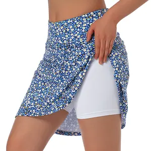 Anti-exposure women’s skort; summer blue floral short skirt; athletic skort (with shorts); tennis skirt; holds a phone; 20-inch knee-length skort; fashionable women’s sporty short skirt