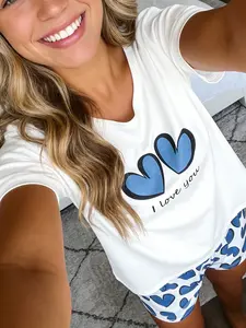 Spring Summer Sweet Cool Style Sleepwear for Women, Blue Heart Print Round Neck Pullover, Breathable Short Sleeve Shorts Two-Piece Set