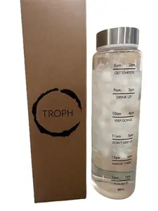 TROPH Glass Motivational Water Bottle with Metal Lid & Time Markers Drinkware Tumbler Bottled for Hydration Tracking Washable