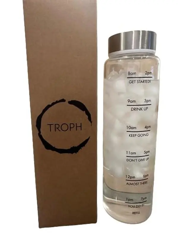 TROPH Glass Motivational Water Bottle with Metal Lid & Time Markers Drinkware Tumbler Bottled for Hydration Tracking Washable