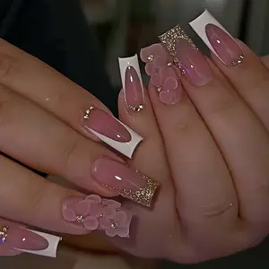 Glitter Floral Press On Nails: 3D French Acrylic Nails, Birthday Gift