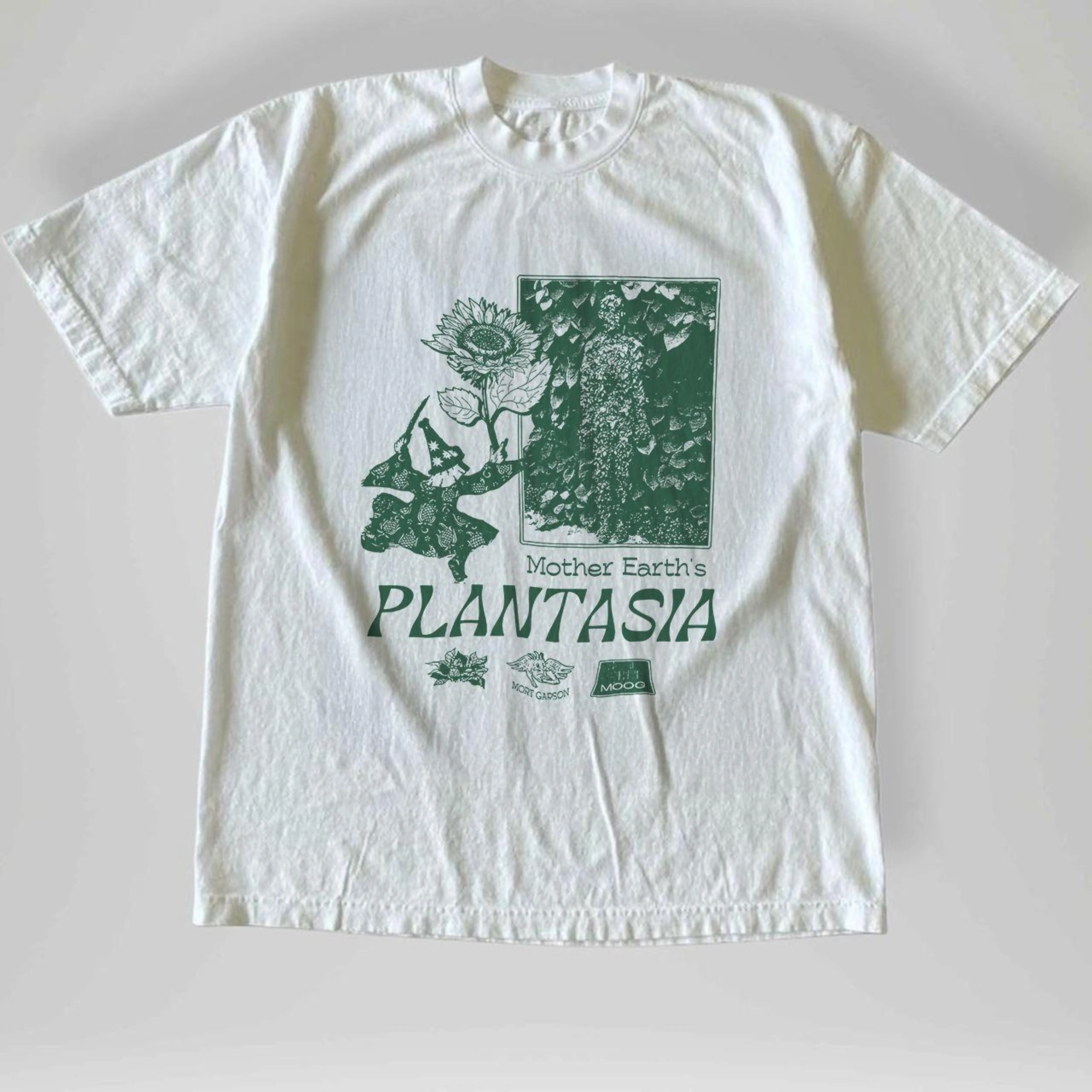 Gildan Men's White T-shirt, Vintage Style Plantasia Mother Earth's Botanical Graphic Tee, Gift for Him, Men Streetwear, Retro Music Shirt, Wizard Gnome Top, 70s Synth Album Tee, Indie Aesthetic Clothes, Plant Dad Outfit, Trendy Oversized Vibe